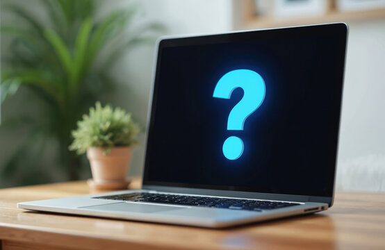 Laptop screen displays blue question mark. The tech device is on wooden desk. Green plants are in background. Concept of questions research and online support is on.