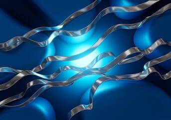 Wavy Metallic Ribbons on a Blue Spherical Background Art Composition