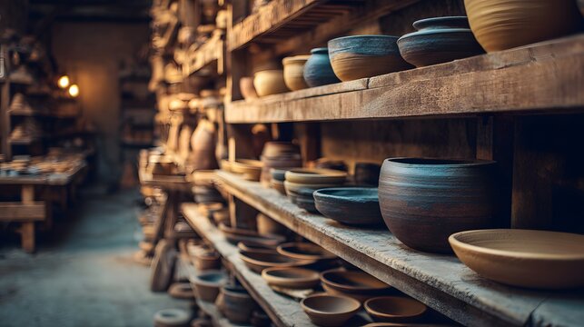 Rustic Pottery Workshop with Shelves Full of Handcrafted Clay Pots and Bowls.