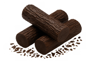 Chocolate yule logs arranged like firewood, creating a sweet dessert illusion with realistic bark texture. Transparent background