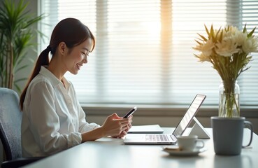 Young asian woman smiles using smartphone at desk with laptop and coffee. She works in bright modern office with plants and sunlight. Enjoying mobile chat, online work.