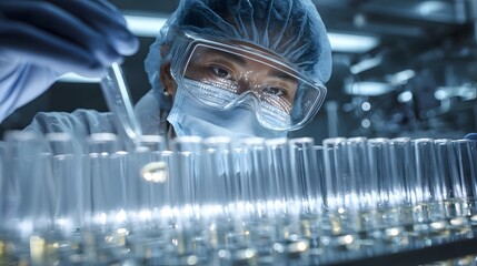 Scientist in protective gear carefully handling test tubes in a modern laboratory setting.