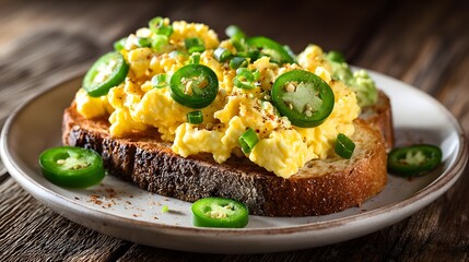 Scrambled Eggs with Sliced Jalapenos on Toasted Bread.