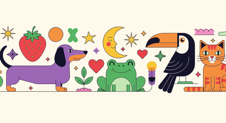 A whimsical illustration featuring a purple dachshund, a green frog, a toucan, and an orange cat alongside various playful elements.