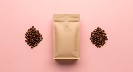 Minimalist coffee packaging concept featuring a blank kraft bag surrounded by roasted beans on a muted pink backdrop
