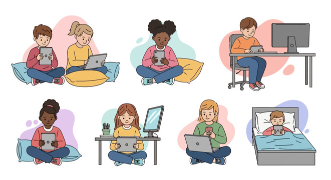 Children using digital devices: tablets, laptops, and computers, sitting in various positions. - Powered by Adobe