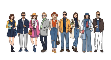 Illustration of a diverse group of people in various stylish outfits, standing together.