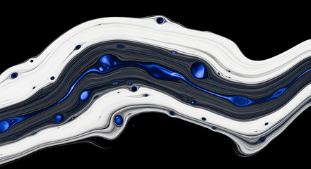 Intricate abstract rendering showcasing fluid forms with an interplay of white, black and bold blue shades on a dark