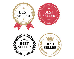 Best seller badge icon set featuring premium award labels, decorative laurel wreath emblems, golden ribbons, and modern certification stamp graphics for product branding.