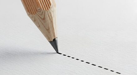A focused shot capturing the precision of a pencil initiating a dashed line on clean white paper, highlighting the