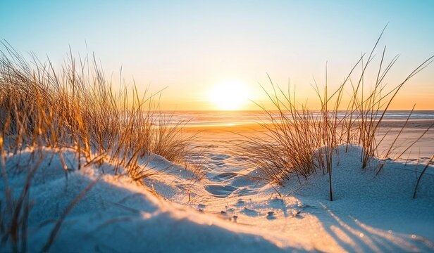 A photograph of the winter sunset over dunes on Sylt, Germany, with snow-covered grasses and sand in the foreground