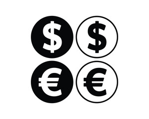 Currency icon set featuring bold dollar and euro symbols in modern black-and-white circular designs, perfect for finance apps, business branding, and digital illustration projects.