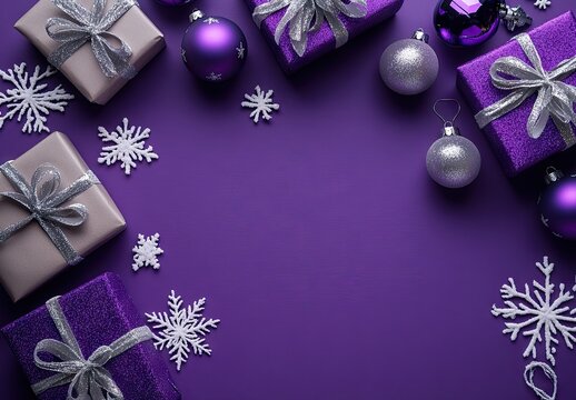 A purple background with gifts and Christmas decorations, a purple color scheme, a flat lay composition, a wide frame, gift boxes wrapped in silver ribbon - Powered by Adobe