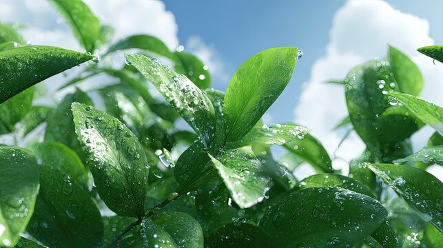 Closeup Of Fresh Green Leaves With Water Drops