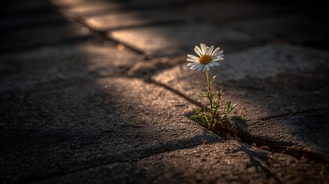 Single Daisy Flower Growing Through Cracks in Pavement with Sunlight.