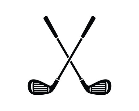 Golf clubs silhouette icon of two crossed iron clubs in a clean black-and-white minimalist style, perfect for sports logos, decals, stickers, apparel graphics, and vector design projects.