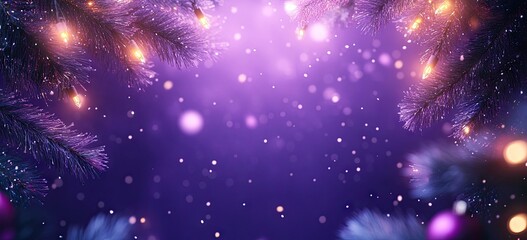 A purple background with small lights and Christmas tree branches