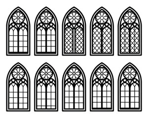 Gothic church window design collection featuring ornate stained glass frame shapes, medieval architectural elements, decorative tracery patterns, and classic cathedral style templates.