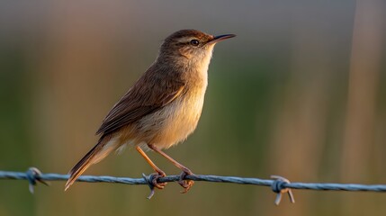 Fototapeta premium Small brown bird perched on a barbed wire fence in a natural outdoor setting during daylight.