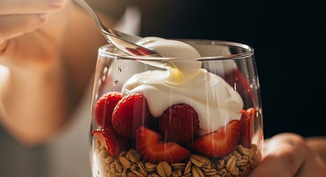 Layered breakfast parfait featuring yogurt, granola, and berries in glass