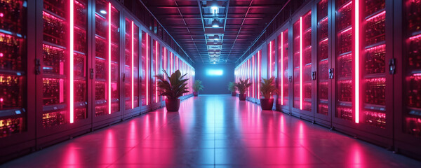 Long corridor of servers glows intensely with red light. Rows of computer racks stretch into darkness creating futuristic data center scene. Digital infrastructure information processing, technology