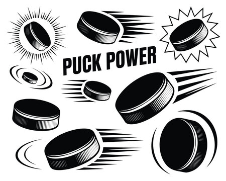 Hockey puck power motion icons design featuring dynamic speed effects, bold black shapes, energetic movement strokes, and classic sports illustration elements.