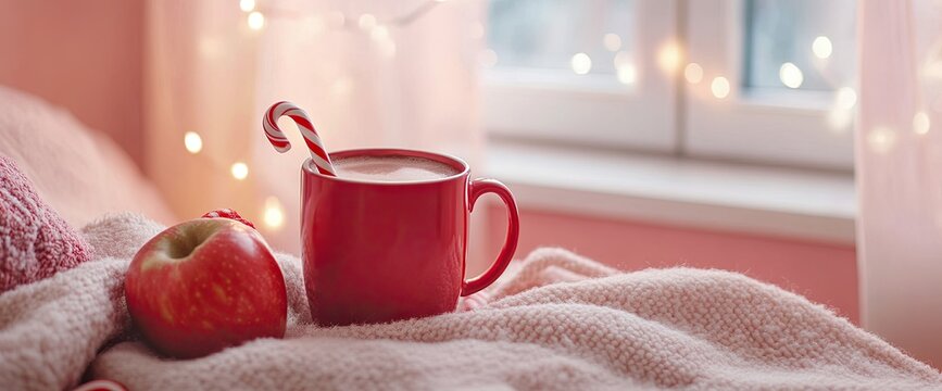 A red mug with hot chocolate inside, an apple and candy cane on top of the table, a cozy winter scene