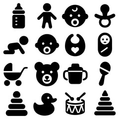 Baby Essentials Icon Collection: A collection of black and white icons representing essential items for baby care, showcasing the early stages of life and nurturing needs.