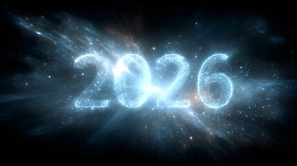 The glowing year 2026 is revealed amidst a burst of cosmic energy and stardust, symbolizing a bright future filled with possibilities.
