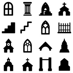 Architectural Silhouette Collection: A collection of architectural elements are isolated, forming a visually striking and versatile set of graphic resources. Perfect for design.