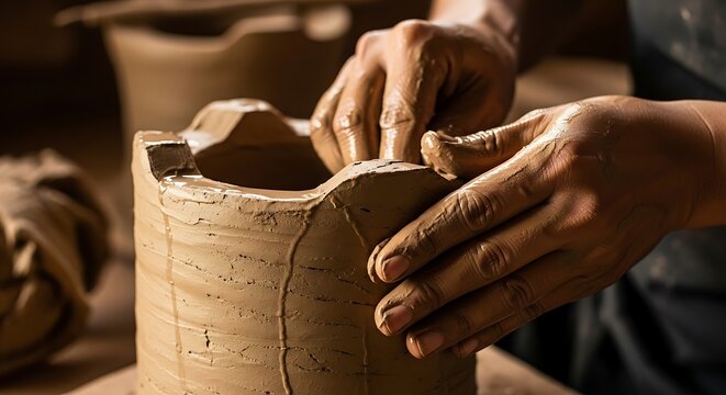 Potter's hands shaping clay on a spinning wheel to create artistic craft