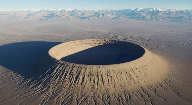 Striking aerial view of a volcano crater in a vast desert landscape with distant snow-capped mountains presenting the