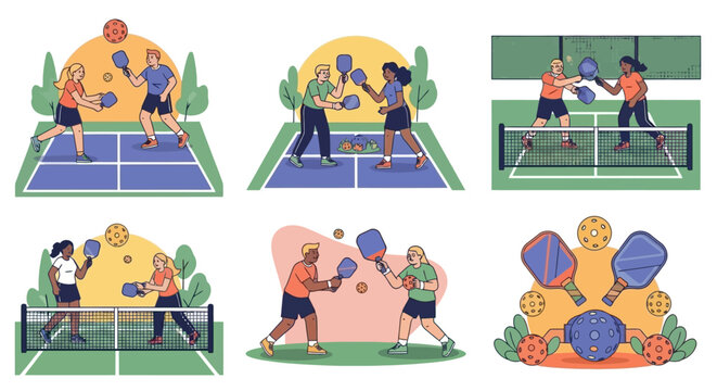 Illustration of people playing pickleball in various game scenarios and interactions on courts