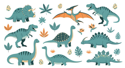Collection of cartoon dinosaurs and prehistoric plants with dinosaur eggs scattered around, perfect for children's educational content and decor