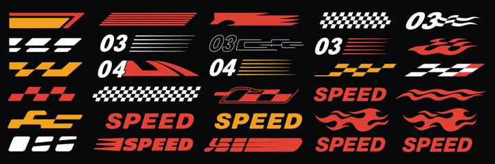 Racing speed graphic elements collection featuring dynamic stripes, bold flames, checkered patterns, modern decals, and high-energy motorsport visual accents for custom design projects. © Kayla Quentin