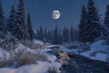 A snowy landscape at night with the full moon shining in the sky, trees covered in snow and small streams flowing through it