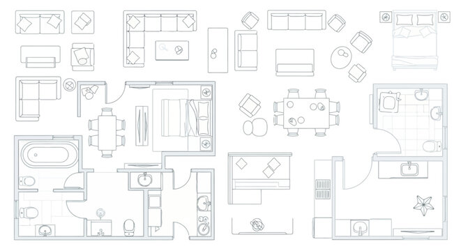 Comprehensive collection of minimalist top-down floor plans and modern interior furniture layouts for contemporary home design and architectural projects