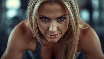 Intense Close-Up Portrait of Determined Blonde Woman Exercising in Spin Class