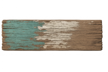 Weathered wooden plank sign featuring peeling turquoise and white paint, providing a rustic texture background on transparent