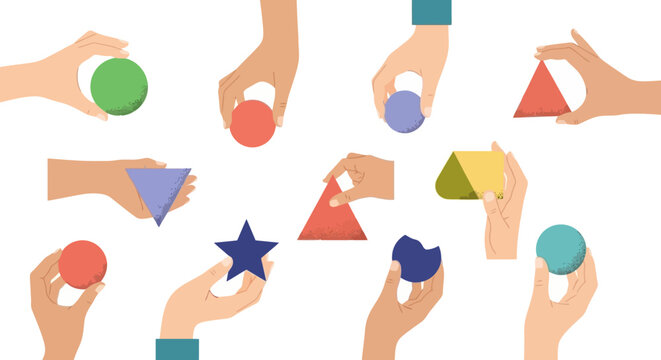 Diverse Hands Holding Colorful Geometric Shapes Representing Collaboration, Problem-Solving, and Teamwork for Unified Solutions and Creative Development