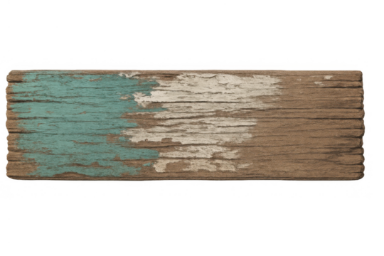 Weathered wooden plank sign featuring peeling turquoise and white paint, providing a rustic texture background on transparent
