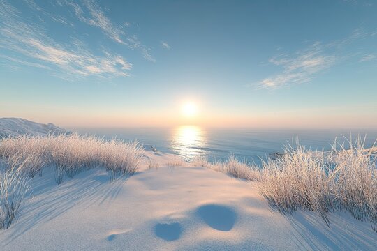A snowy landscape with tall grasses and snow-covered ground, overlooking the vast sea under a clear blue sky at sunset