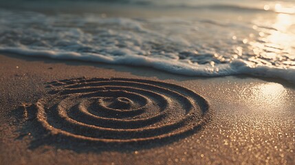 Spiral drawn in sand on beach with ocean waves at sunset.