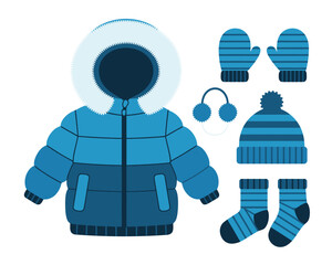 Winter jacket accessories set illustration featuring a warm puffer coat, mittens, earmuffs, hat, and socks designed for cold weather clothing, kids apparel graphics, and seasonal fashion artwork.