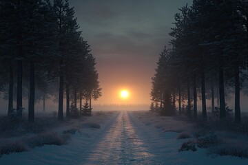 A snowy path leading to the horizon, lined with tall trees on both sides and illuminated by sunlight at sunrise