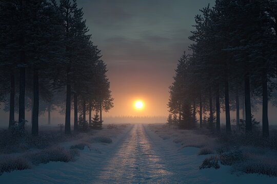 A snowy path leading to the horizon, lined with tall trees on both sides and illuminated by sunlight at sunrise
