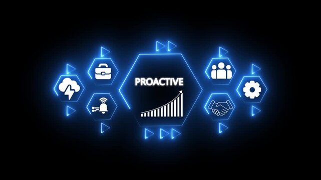 A futuristic neon-blue Business failure concept graphic showing declining graph and PROACTIVE. At the center, a glowing hexagon highlights a rising growth chart, symbolizing .4k