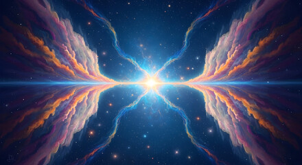 Symmetrical cosmic horizon, glowing nebula and sparkling stars reflect over distant space, creating an ethereal