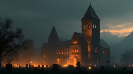 Fototapeta premium Spooky Halloween Night with Haunted Castle and Graveyard.