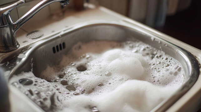 Sink filled with soapy dishes and bubbles, highlighting kitchen cleaning, domestic chores, and everyday home life, ideal for lifestyle, culinary, and household visual content